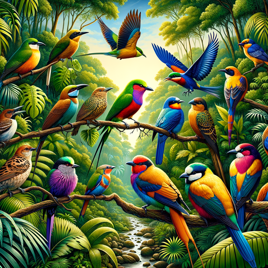 Rainforest Royalty showcasing rich biodiversity of Amazon Rainforest birds, highlighting diverse Amazonian bird species perched on lush branches.