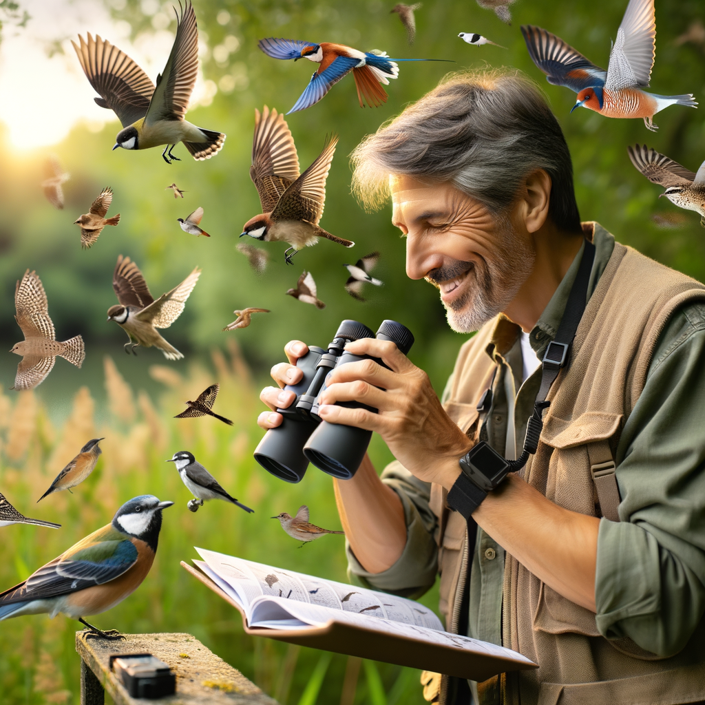 Beginner birdwatcher using birdwatching techniques and equipment, engaging senses in sensory birdwatching sojourn, with bird species identification guide in hand.