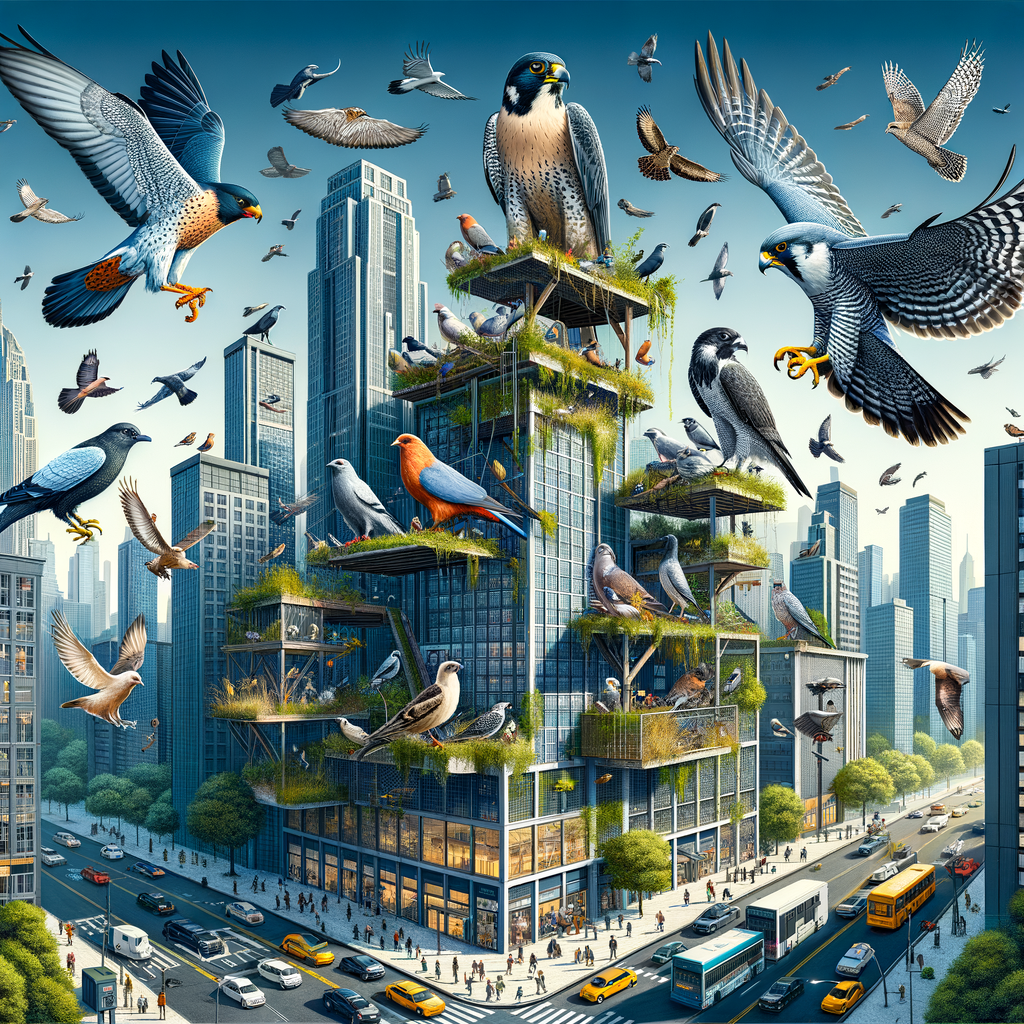 Urban bird species adeptly adapting to city life, showcasing city bird adaptation and urban wildlife in a bustling cityscape.