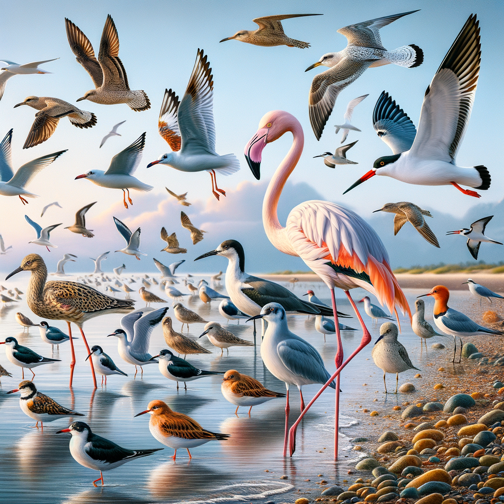 Coastal bird species in flight and perched along shoreline, illustrating bird migration and birding on the shoreline, perfect for a coastal birding guide.