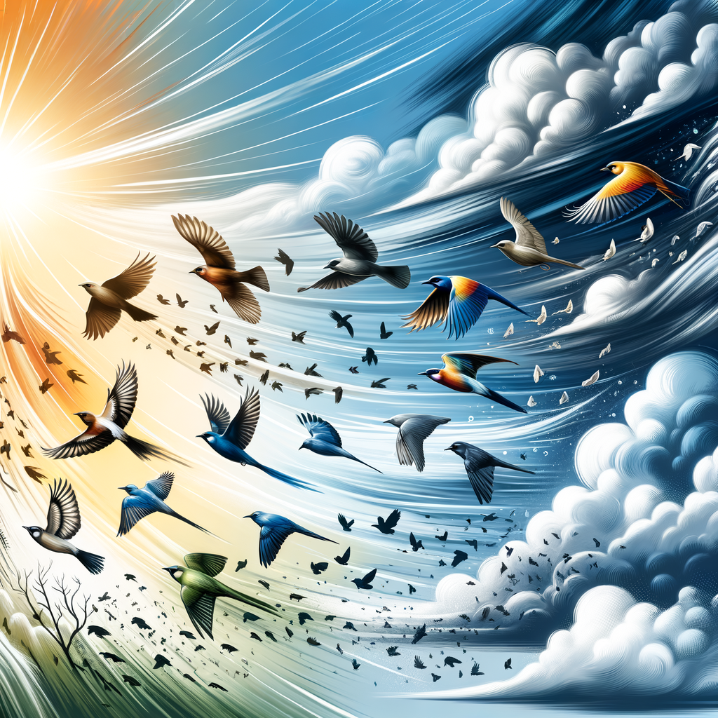 Bird activity prediction illustration highlighting the influence of weather patterns and climate impact on bird behavior, migration patterns, and birdwatching forecast for a feathered forecast article.