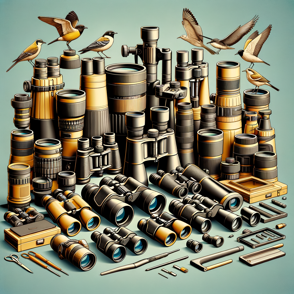 High-quality birdwatching equipment types including birdwatching binoculars, scopes, and other optimal birdwatching tools neatly displayed for a gear comparison guide, highlighting the understanding of birdwatching optics.