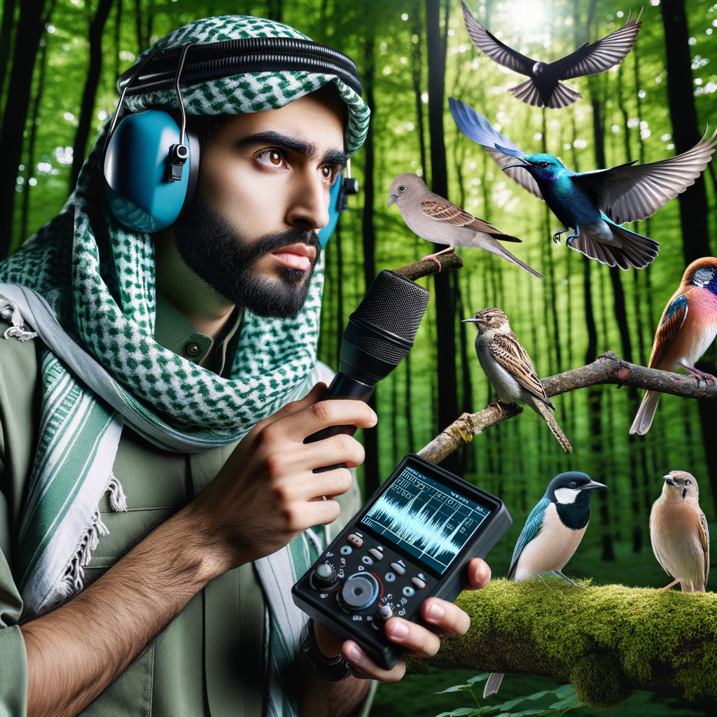 Ornithologist studying bird vocalizations in a wild forest, identifying bird calls and understanding bird sounds using a device displaying bird song meanings, illustrating bird communication and the diversity of wild bird sounds.