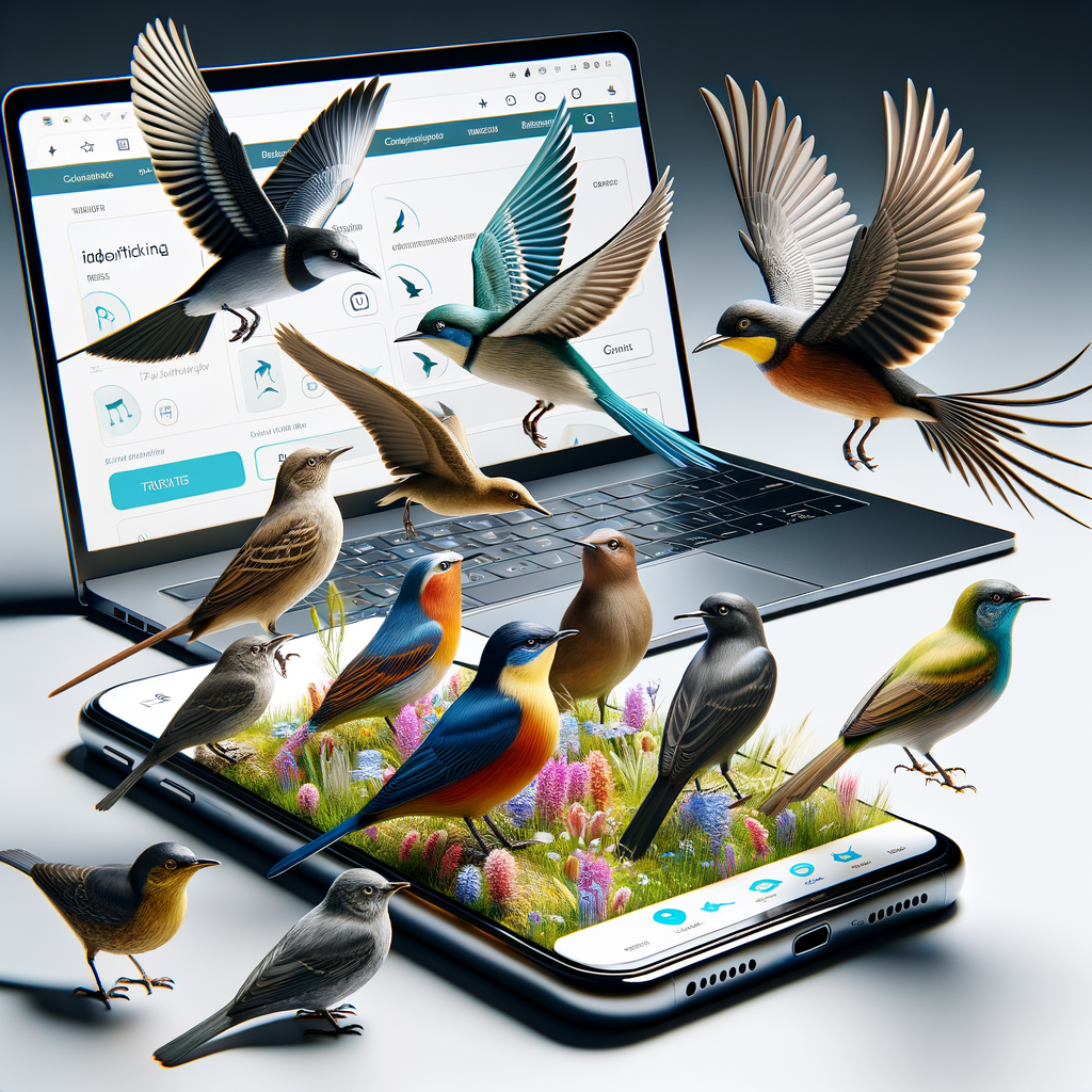 Modern smartphone showcasing bird identification app amidst various bird species, with birdwatching website on laptop screen, illustrating birdwatching technology, online tools, and digital resources for Tech Talk Birdwatching article.