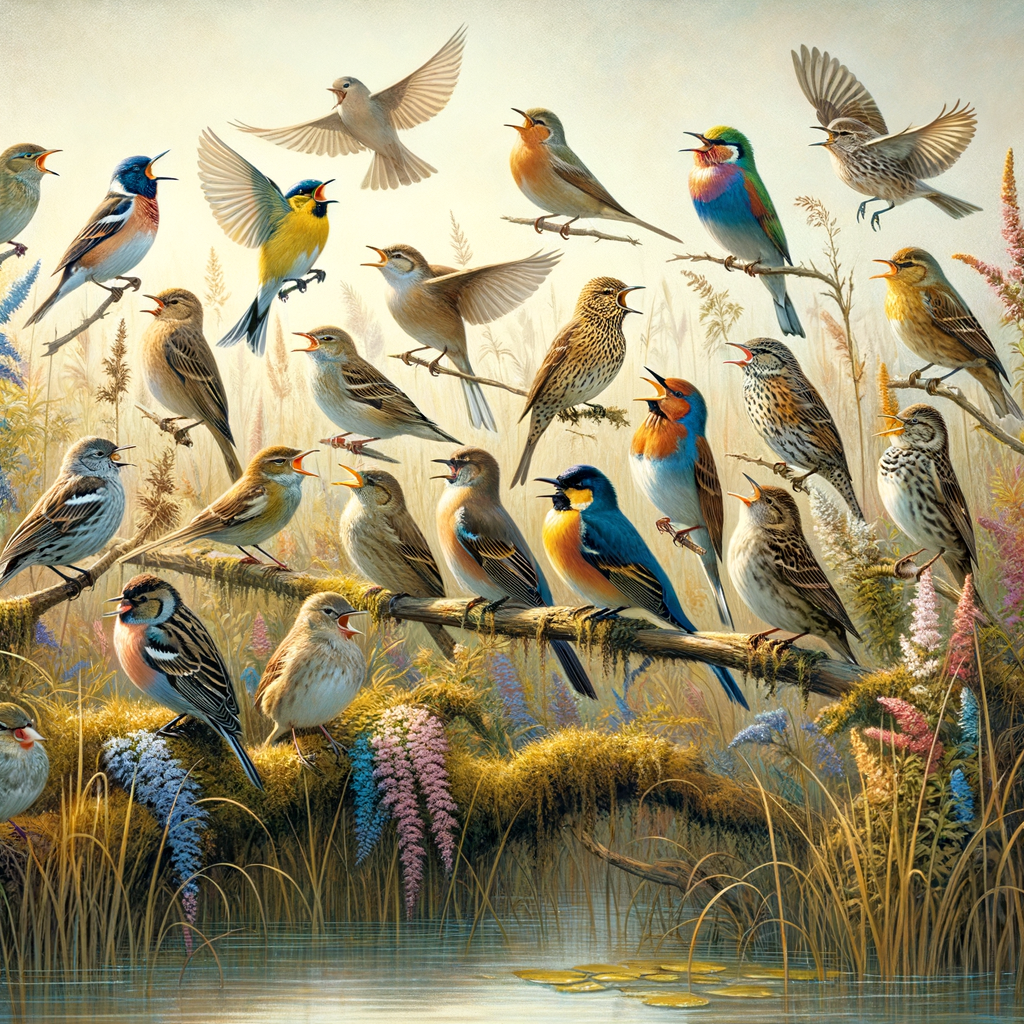 Wetland bird species perched on marshland vegetation, singing their unique songs, highlighting birdwatching in marshlands and identifying wetland bird calls.