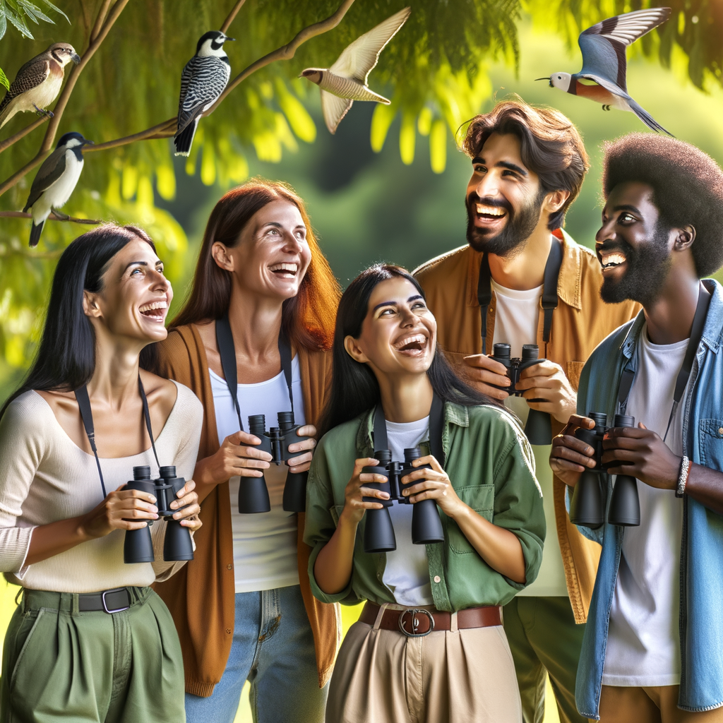 Birding buddies laughing and sharing binoculars in a park, showcasing the social aspects of birdwatching and building relationships through this hobby within the diverse birdwatching community.