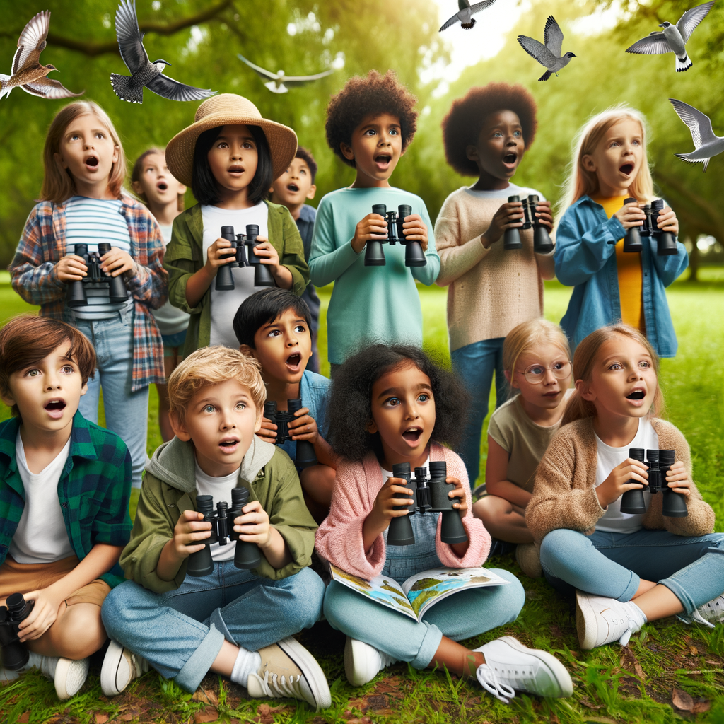 Diverse group of children engaging in birdwatching activity with guidebooks and binoculars in a park, learning about different bird species under adult supervision - a perfect example of birdwatching for kids and educational birdwatching activities.