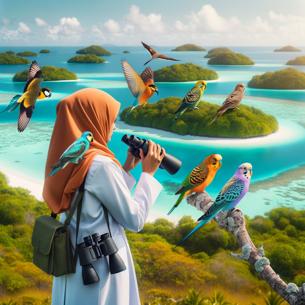 Professional birdwatcher exploring island treasures, observing vibrant archipelago bird species with binoculars in remote islands, showcasing wildlife in archipelagos and birdlife exploration in untouched landscapes.