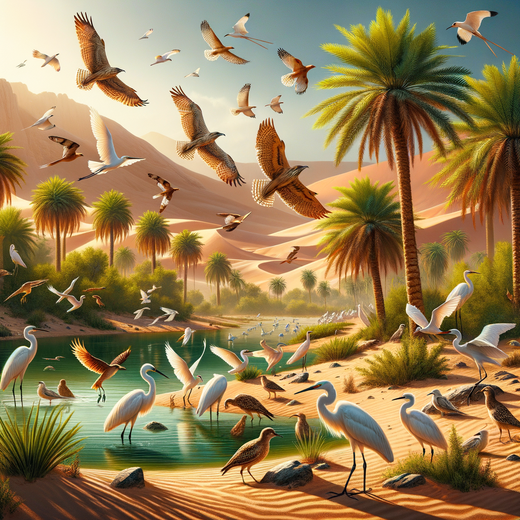 Oasis birds thriving in a desert oasis, showcasing the diversity and importance of birds in arid environments and their vital role in the desert and oasis ecosystem.