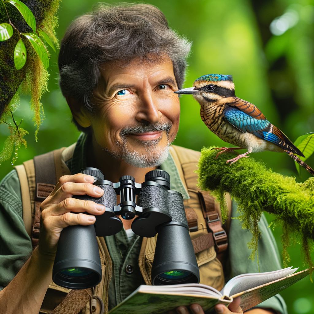Professional birdwatcher unveiling a rare, exotic bird species in an unexplored forest, a hidden gem in birdwatching, ready for bird species identification.