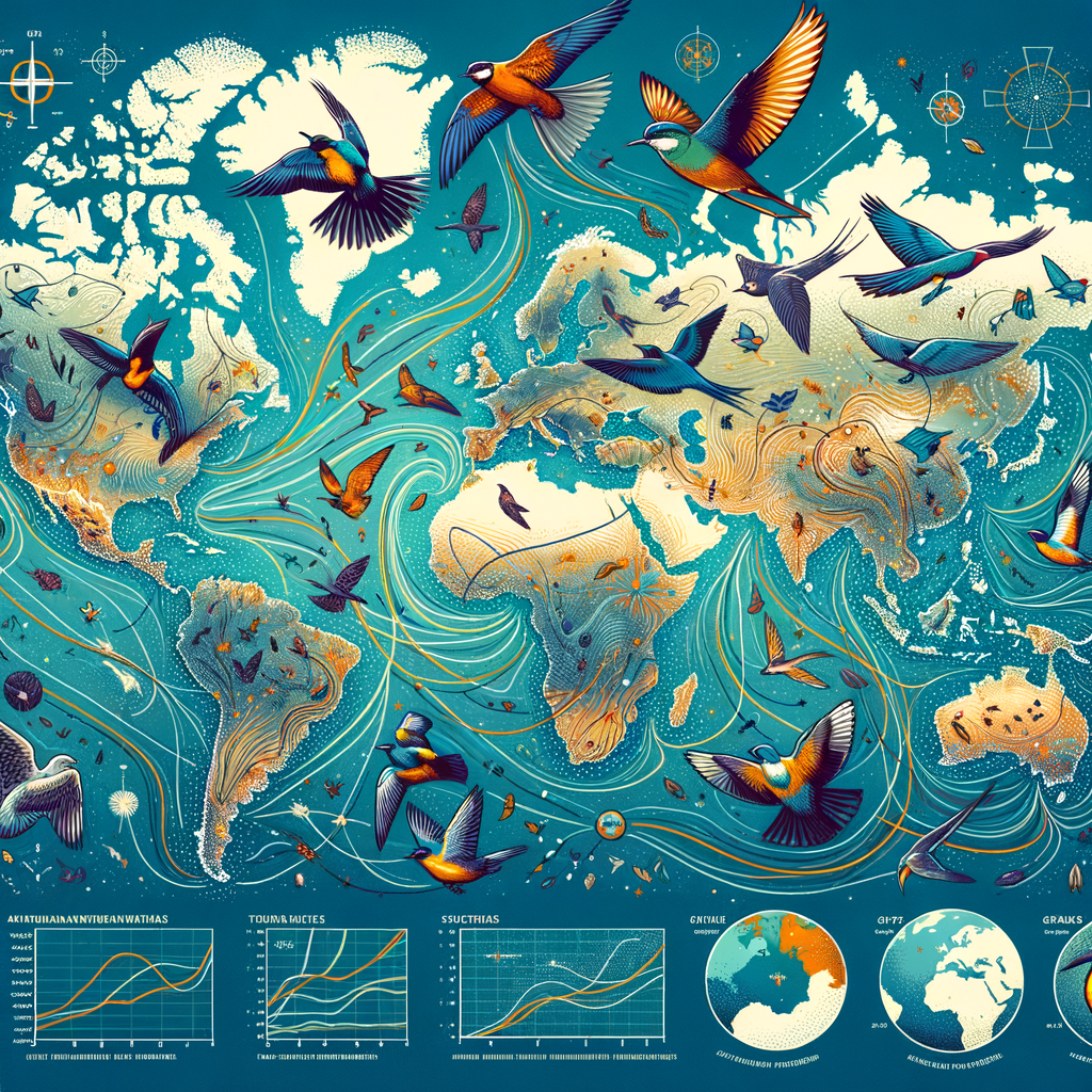 Vibrant avian migration map illustrating diverse bird migration patterns, seasonal bird movements, and tracking bird migration studies across continents.