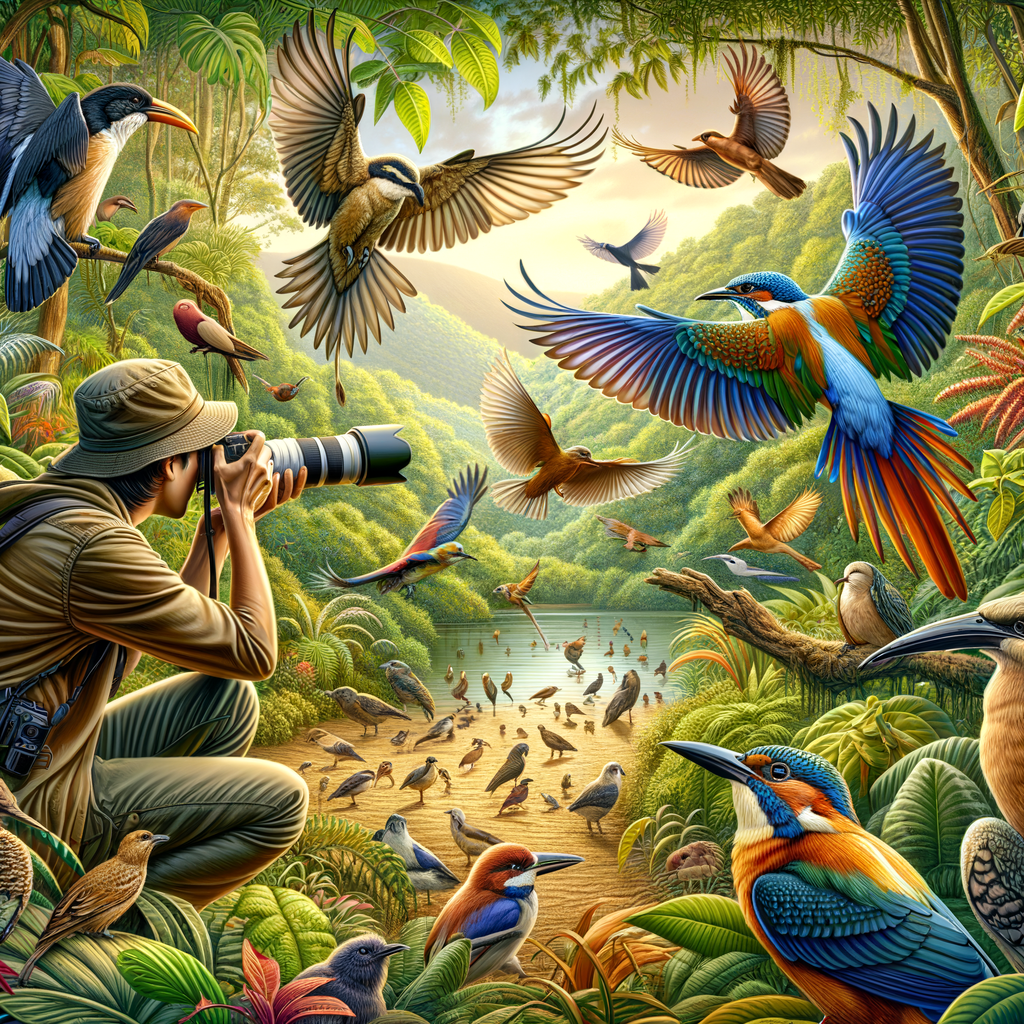 Birdwatchers capturing photos of exotic rainforest bird species in their natural habitat, illustrating tropical bird behavior and the importance of rainforest bird conservation for biodiversity in tropical rainforests.