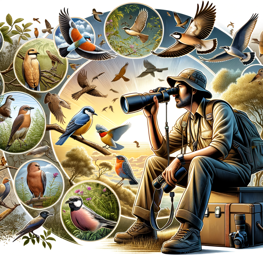 Birdwatcher with professional birdwatching equipment identifying bird species and capturing birdwatching photography from dawn to dusk, with a birdwatching guide providing tips for beginners at various birdwatching locations.