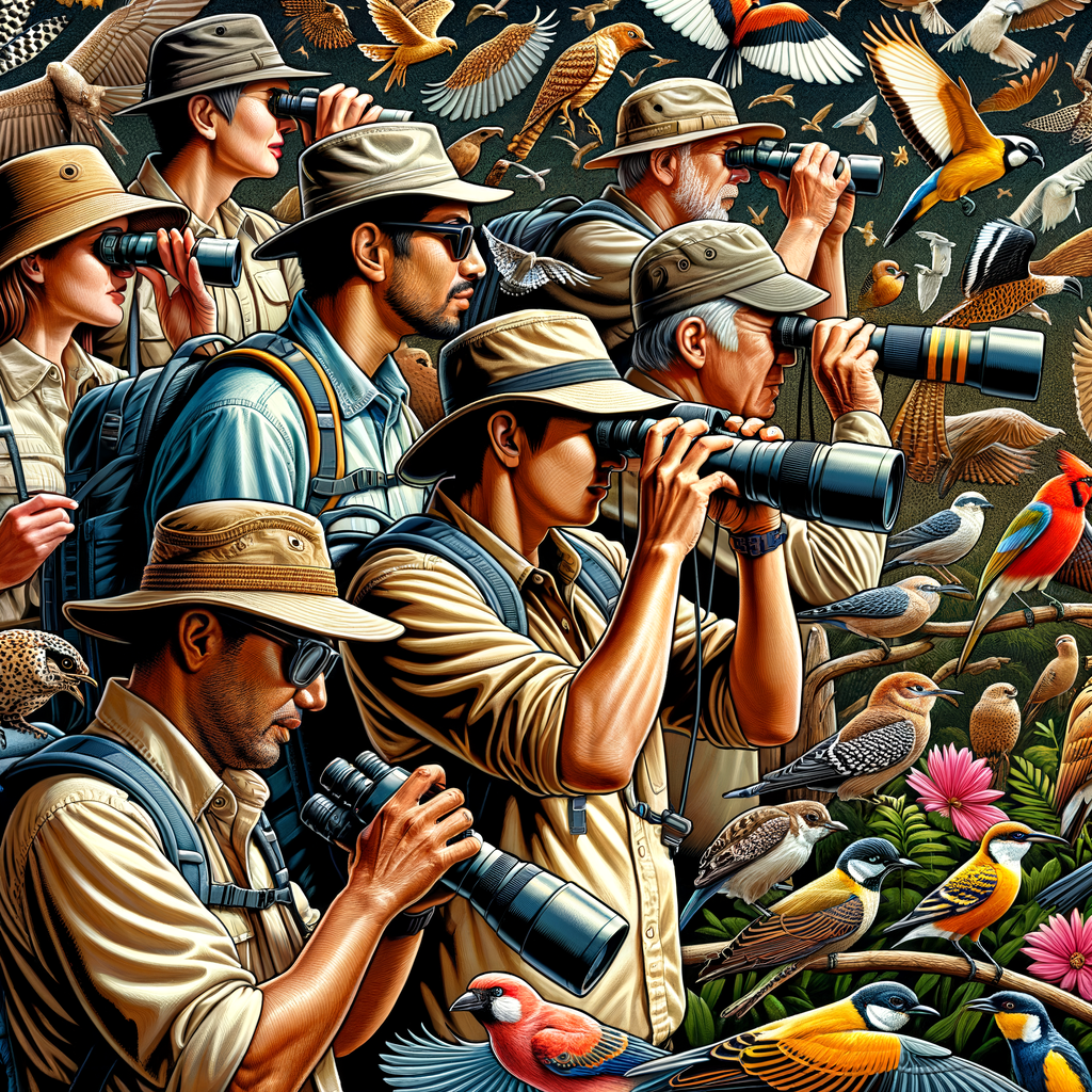 Diverse group of birdwatchers using professional equipment for bird species identification at a top international birding destination during their birdwatching holiday, guided by birdwatching tours for an exciting global birdwatching experience.