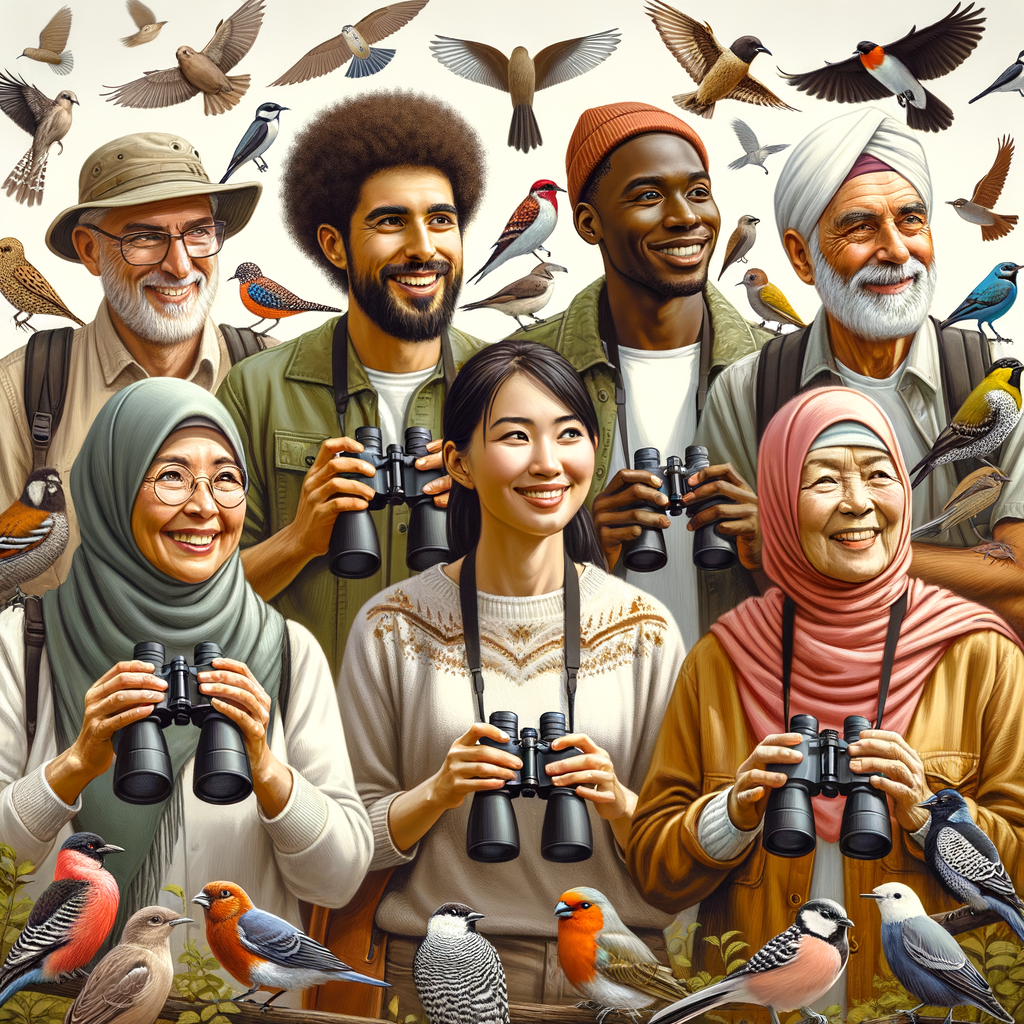 Feathered Fellowship members, a diverse birdwatching community, engaging in birdwatching network activities outdoors with binoculars and field guides, symbolizing the building of birdwatching social groups.