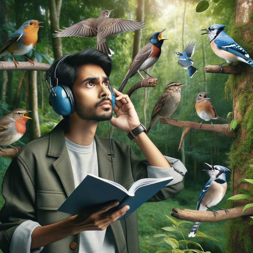Bird watcher using bird song identification guide and headphones for bird identification by sound, demonstrating birding techniques and bird call identification in a forest with singing birds.