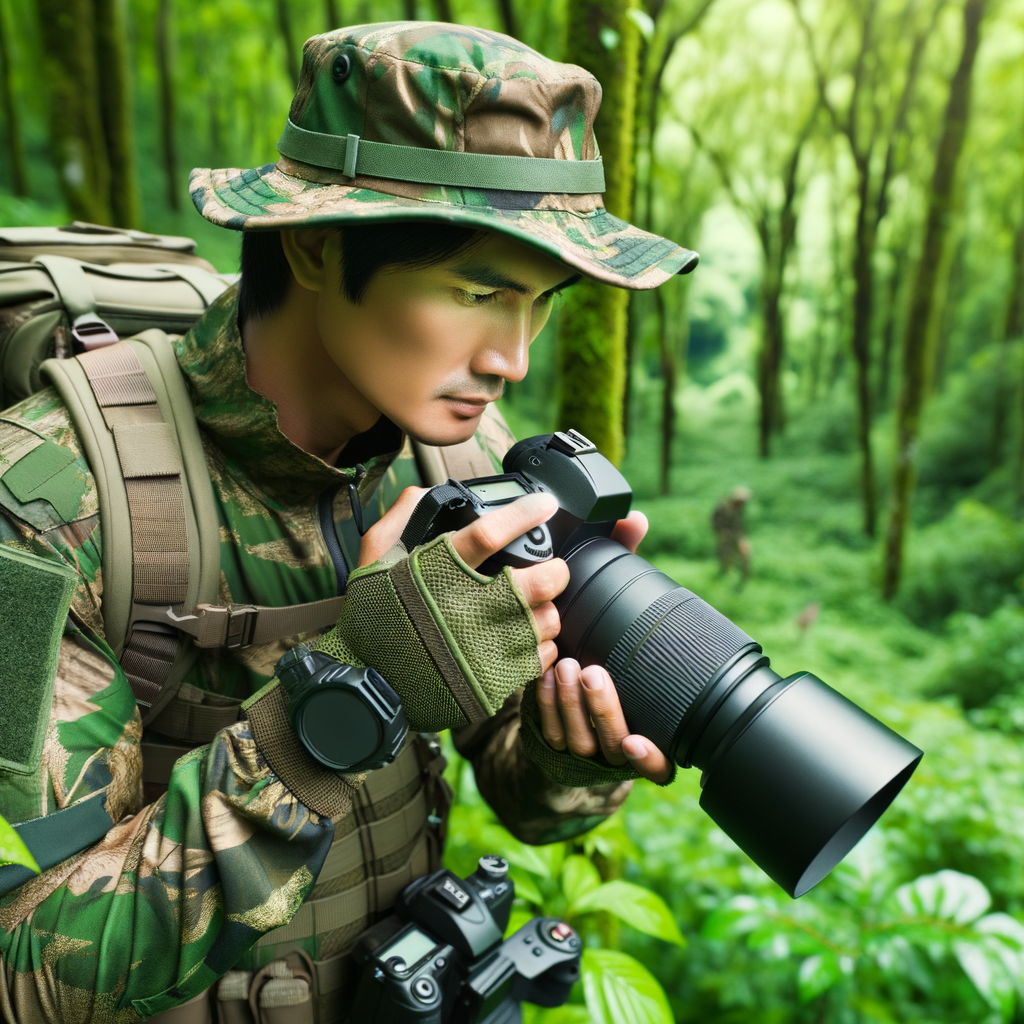 Wildlife photographer using stealth mode birding techniques for non-disturbance bird observation, demonstrating bird watching stealth mode and silent approach to birds in a lush forest