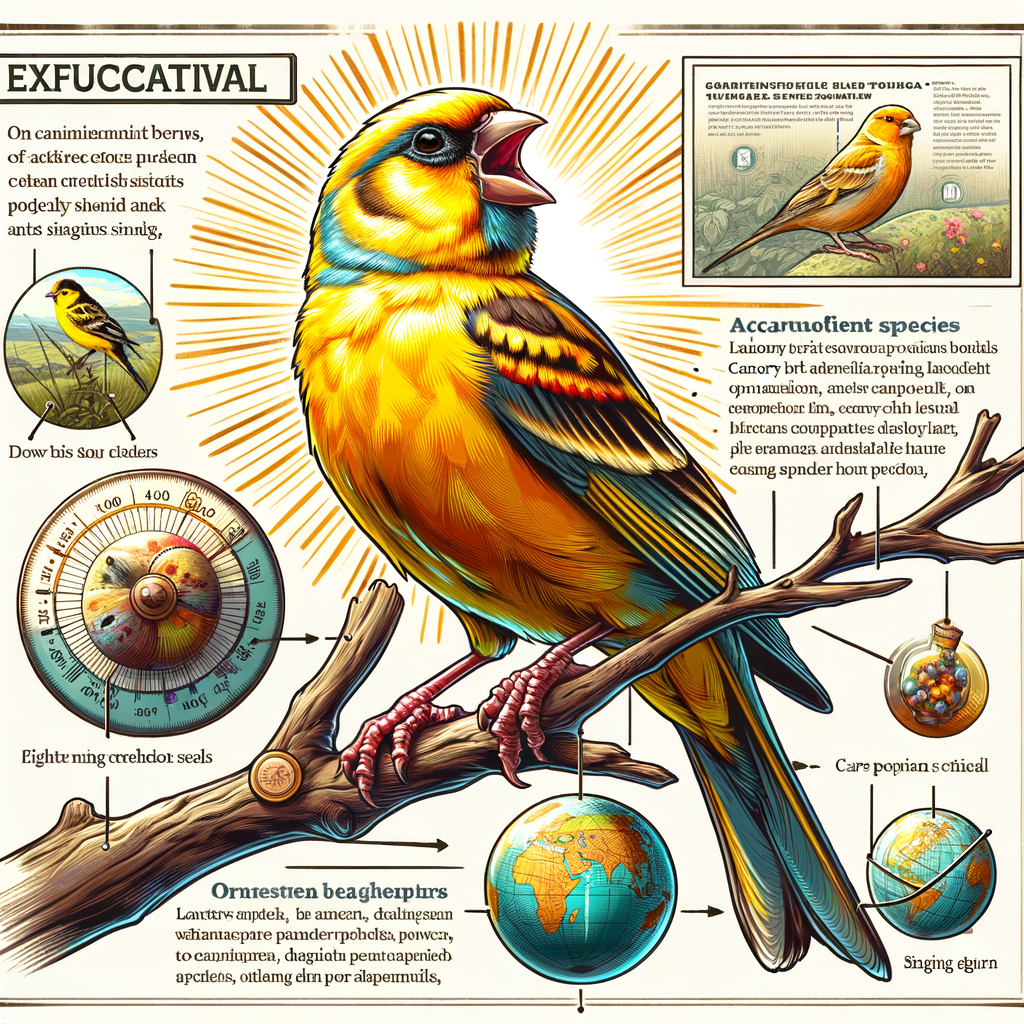Vocal canary bird showcasing singing skills on a branch, with overlay of canary bird characteristics, species, behavior, and care guide for understanding and getting to know charming canaries.