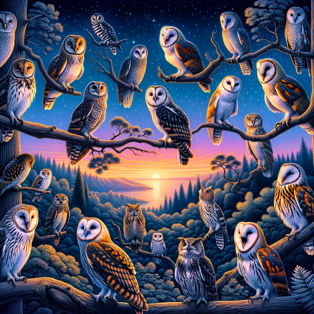 Various owl species in their natural habitat under a twilight sky, exhibiting unique nocturnal behaviors and producing distinctive owl sounds for species identification, representing the symphony of twilight tunes.