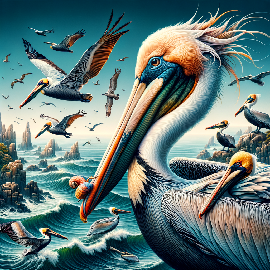 Various pelican species in coastal habitats, highlighting the role of pelicans as coastal ecosystem guardians and the importance of pelican conservation for the health of marine ecosystems.