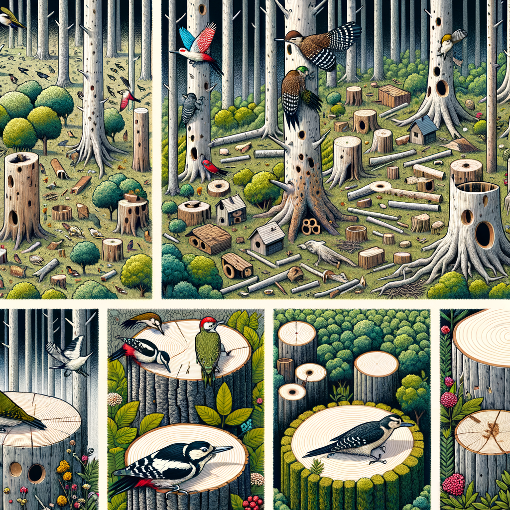 Illustration of various woodpecker species in their natural habitats, showcasing woodpecker nesting habits and diet, highlighting the impact of deforestation on these forest dwellers and the importance of woodpecker habitat conservation.