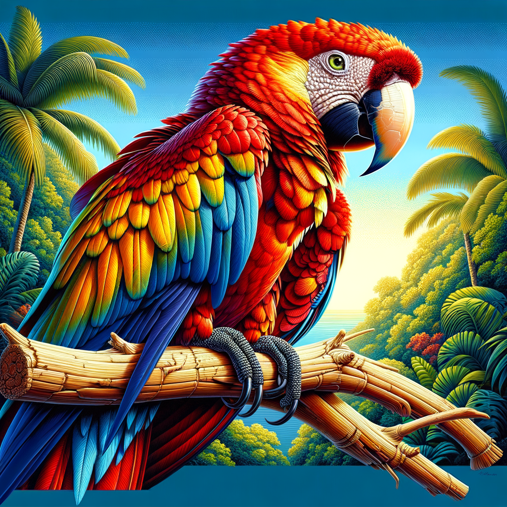 Majestic Scarlet Macaw showcasing its vibrant plumage, highlighting the beauty and unique characteristics of this exotic bird, perfect for exploring the beauty of its red, yellow, and blue feathers.