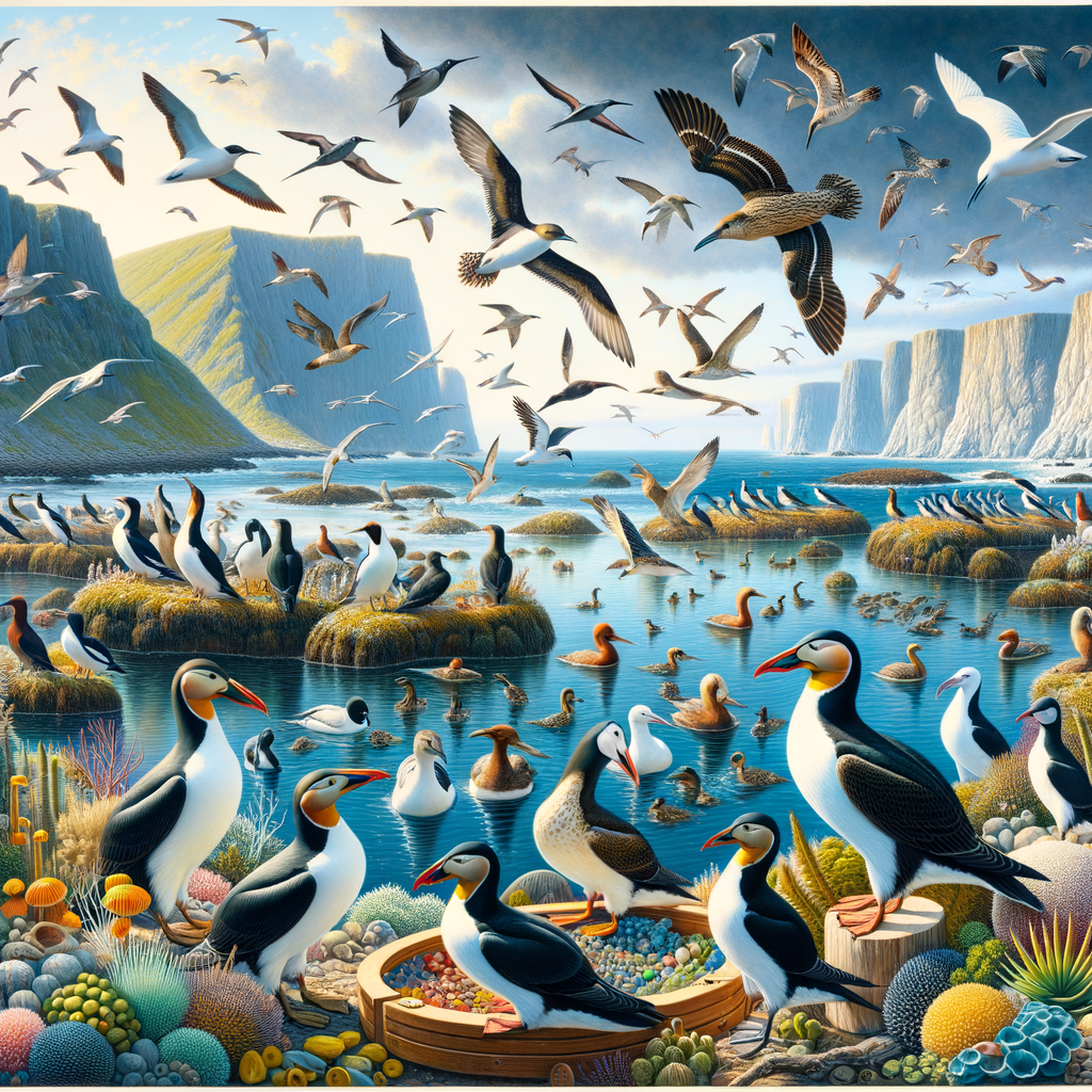 Vibrant illustration of 'Coastal Guardians' highlighting the importance of seabirds in maintaining ecosystem balance, their impact on biodiversity, and the need for seabird conservation in coastal ecosystems.