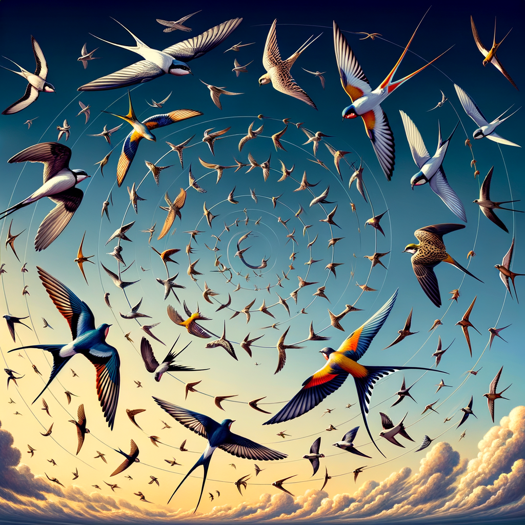 Stunning image of various bird species in flight, demonstrating aerial acrobatics, flight patterns, and the beauty of bird watching and bird flight photography.