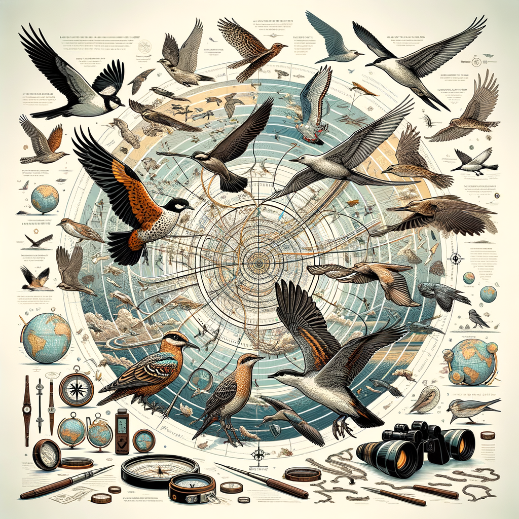 Informative infographic showcasing bird migration patterns, winged navigation, bird migration research, and bird flight patterns for various migratory bird species, highlighting their complex migration routes and seasons.