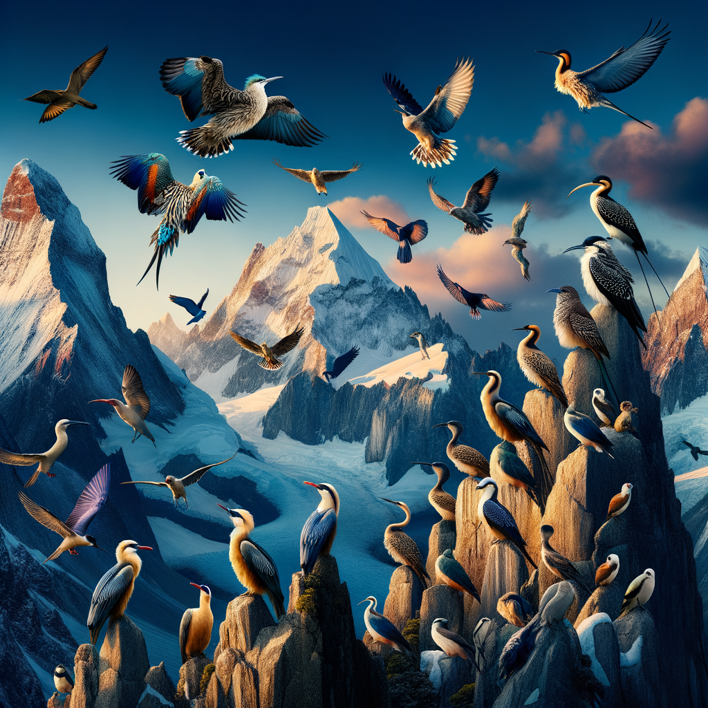 High-altitude bird species showcasing unique bird adaptations, perched on majestic mountain peaks, highlighting the diversity of high-altitude wildlife.