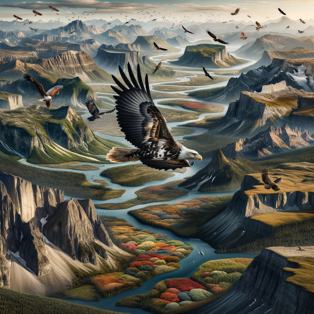 Majestic eagle soaring in a diverse landscape, symbolizing high flyers birds exploration in the world of birds of prey, showcasing various predatory birds habitats for study and identification of different species.