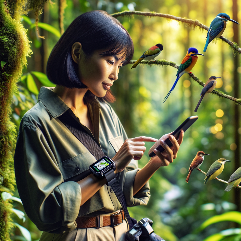 Professional birdwatcher utilizing birdwatching technology, bird identification apps, and gadgets in a vibrant forest setting for efficient birdwatching and bird identification.