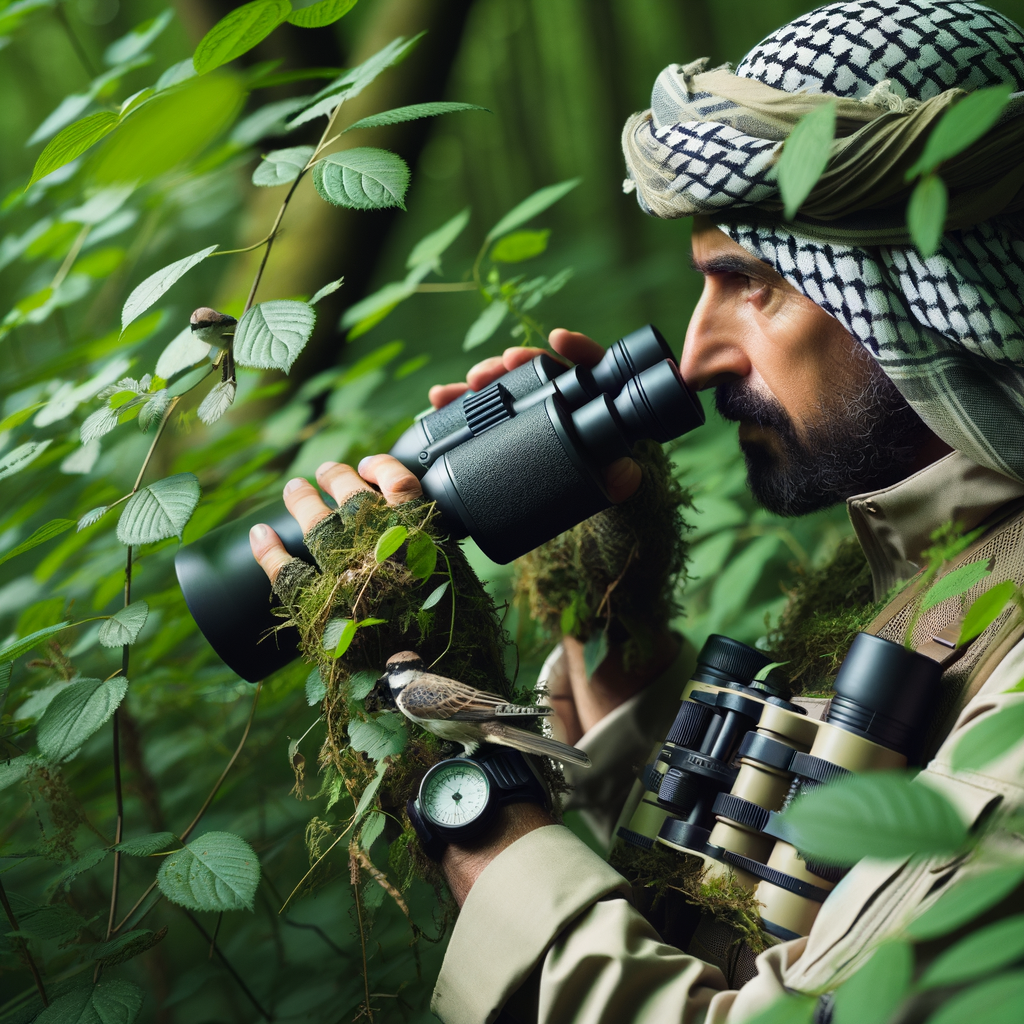 Professional bird watcher using binoculars and bird identification guide to spot camouflaged birds in nature, demonstrating birding techniques and tips for identifying hidden birds in feathered camouflage.