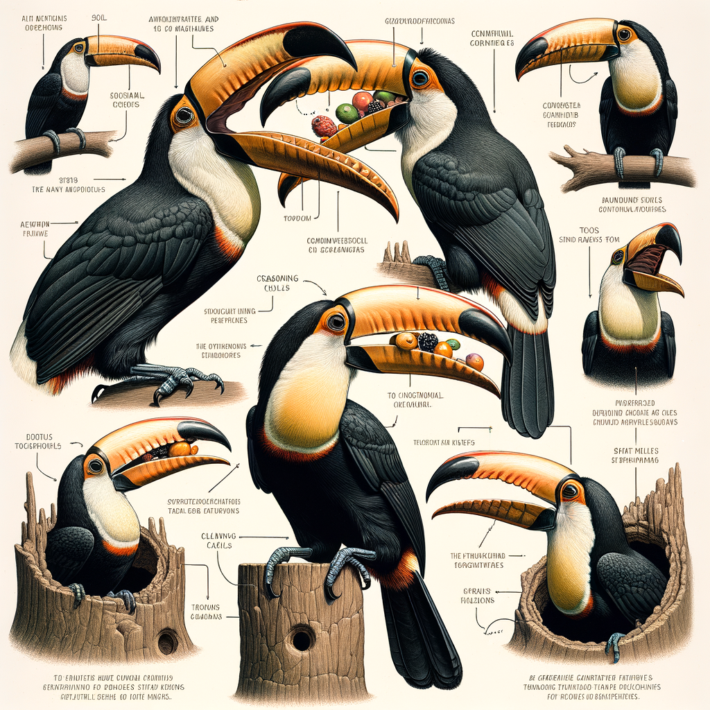 Infographic illustrating toucan behavior patterns, feeding habits, and nesting characteristics from a detailed study on toucan behavior for the article 'Beyond the Beak: Insights into Toucan Behavior'.