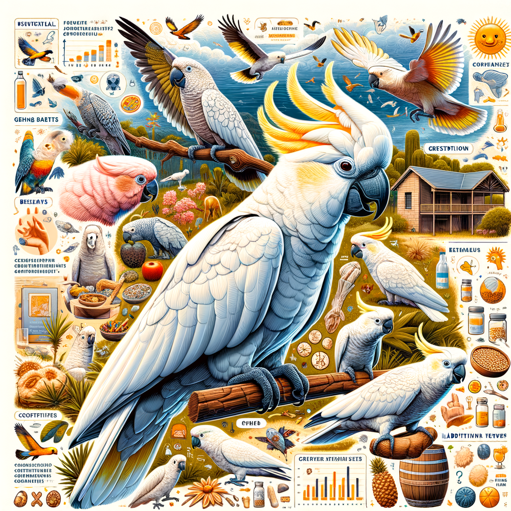 Vibrant depiction of various Cockatoo species in their natural habitat, highlighting Crested Cockatoo behavior, diet, characteristics, care, lifespan, breeding, and conservation efforts.
