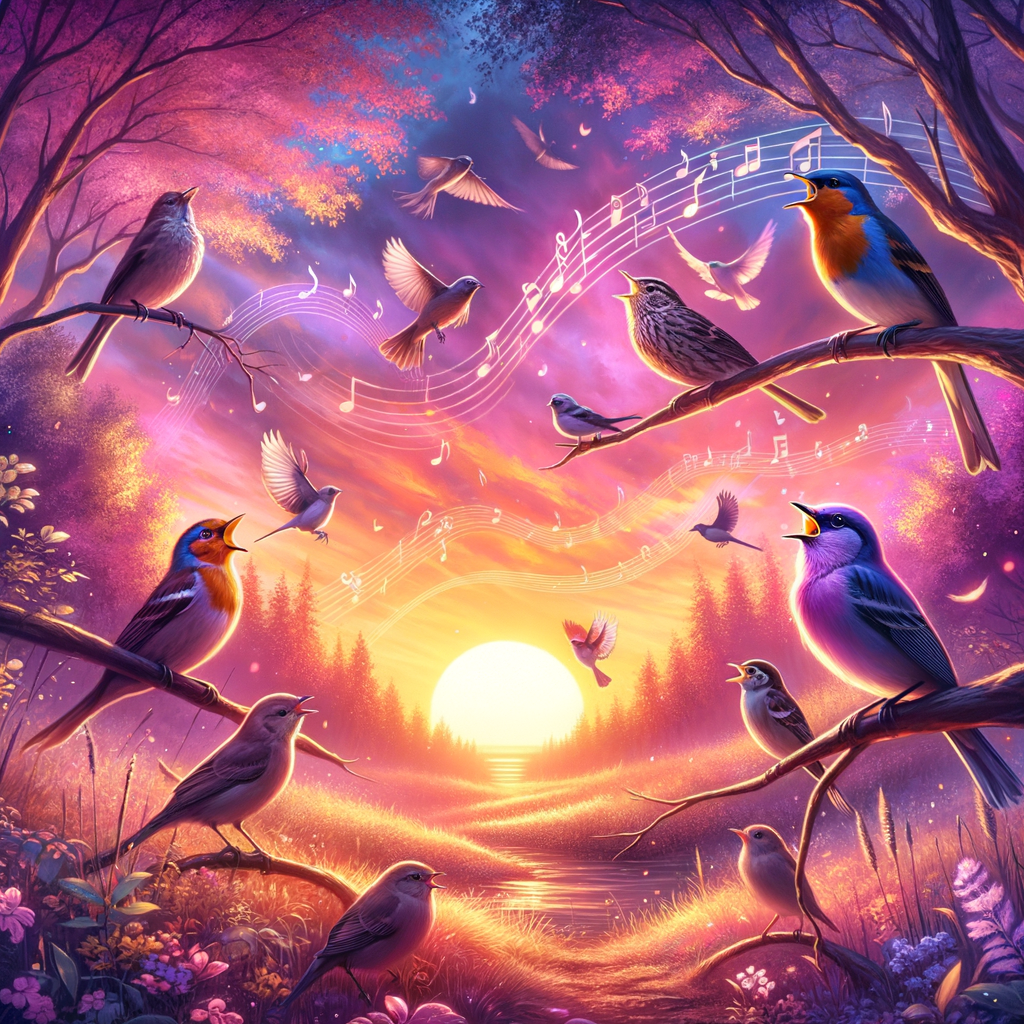 Dawn chorus of various bird species singing their early morning birdsong, creating a symphony of bird sounds at sunrise