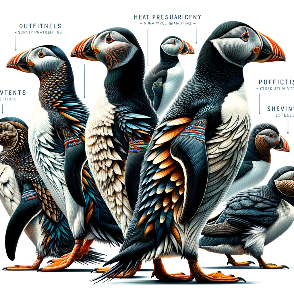 Vivid illustration of Arctic and Antarctic bird species like penguins and puffins, showcasing their polar bird adaptations for survival in extreme cold, highlighting the resilience and survival strategies of these polar pioneers.